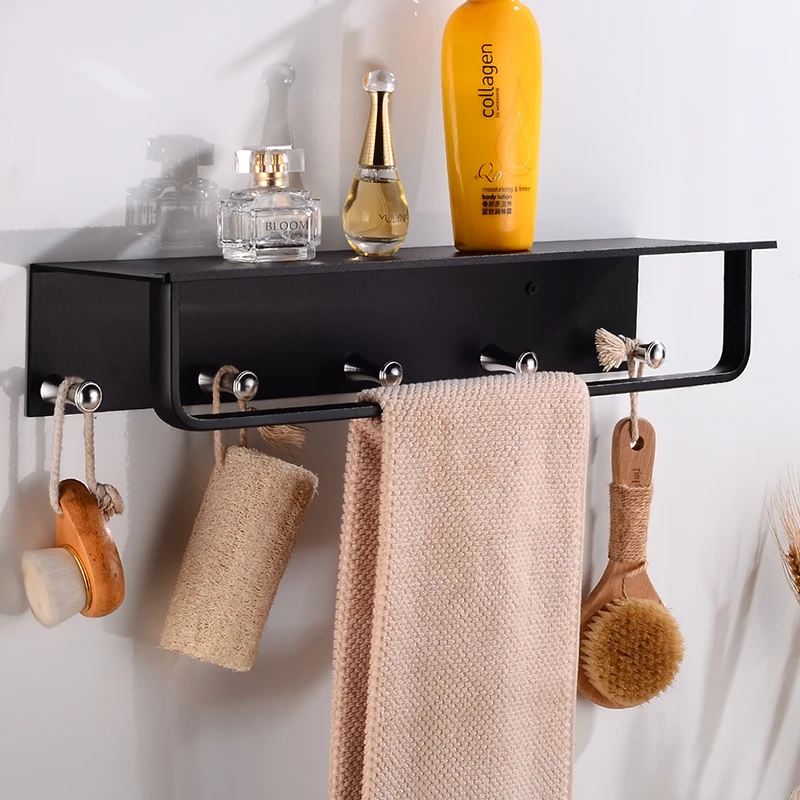Bathroom Shelf Shower Oragnizer Aluminum Decorative Bathroom Shelves with 5 Hooks Wall Mounted Single Towel Bar Holder Black Bathroom Shelf Shower Oragnizer Aluminum Decorative Bathroom Shelves with 5 Hooks Wall Mounted Single Towel Bar Holder Black