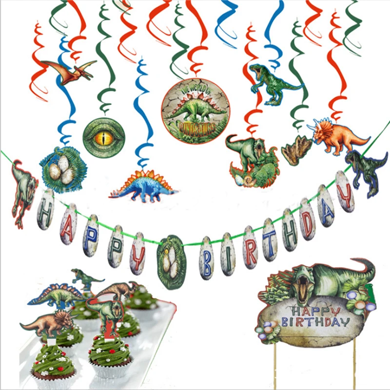 

44pcs Dinosaur Decor Banner Cake Topper Kit Birthday Decor Dinosaur Party Hanging Ceiling Swirl Jungle Party for Boys Girls
