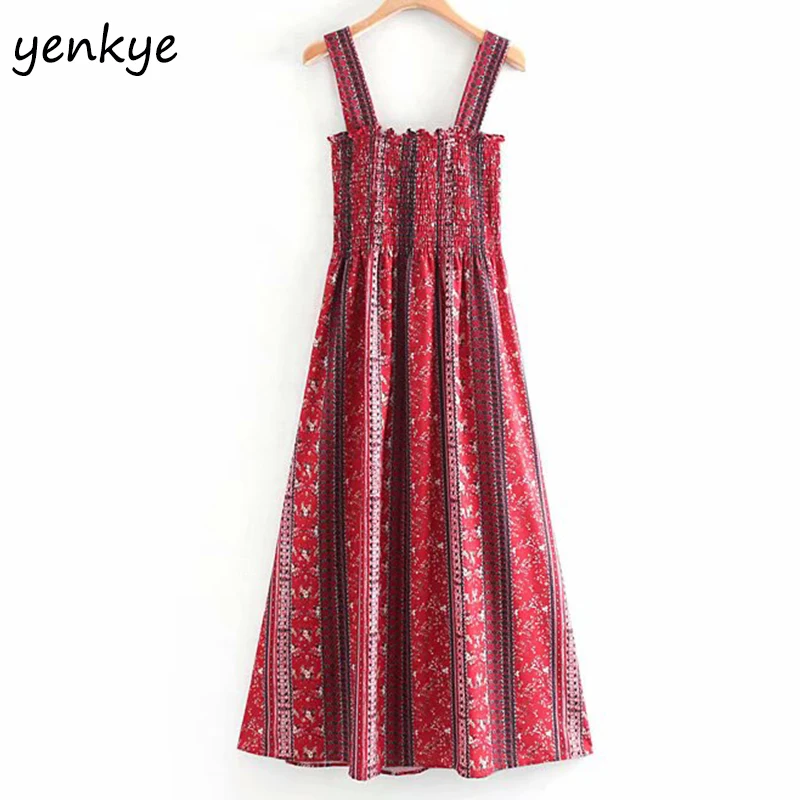 Sexy Spaghetti Straps Ethnic Print Women Dress Lady Backless Sleeveless Smocked Square Neck A-line Long Maxi Dress Summer Dress