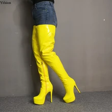 Yolm/новые женские блестящие сапоги выше колена на платформе пикантные сапоги на тонком высоком каблуке обувь для вечеринок с круглым носком желтого цвета женская обувь; американские размеры 5-15