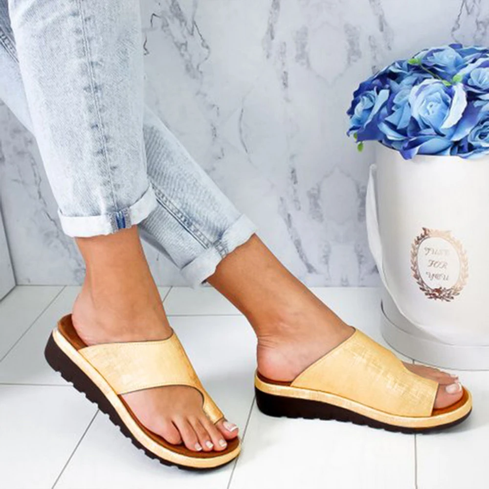 Puimentiua/женские тапочки; повседневные мягкие босоножки на плоской подошве с большим носком; женская обувь; удобная ортопедическая обувь на платформе; корректор - Цвет: Gold