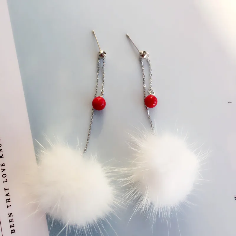

Real 925 Sterling Silver Fashion Fur Ball Drop Earrings Long Tassel Mink Earring for Women Girls Korean Jewelry Wedding Party