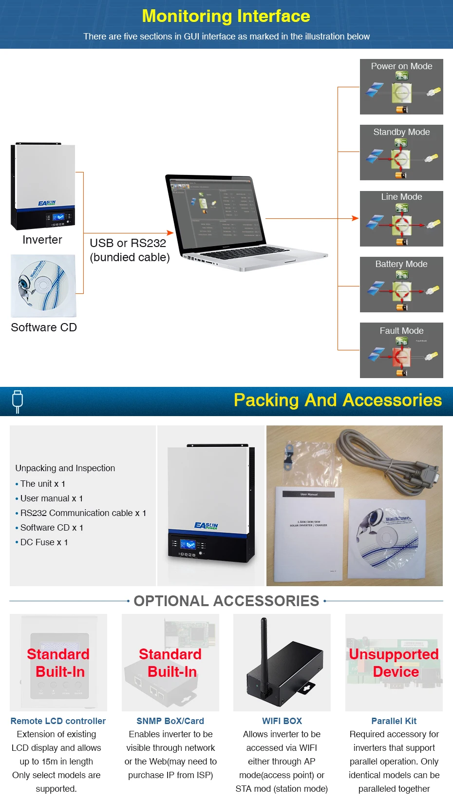 Источник питания Easun Bluetooth инвертор 3000 Вт 500Vdc PV 230Vac 24Vdc 80A MPPT Солнечное зарядное устройство поддержка мобильного мониторинга USB lcd управление