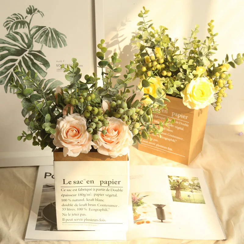 

INS wind simulation Eucalyptus plants rose bouquet artificial flower wedding decoration display wreath bouquet fake flower wall