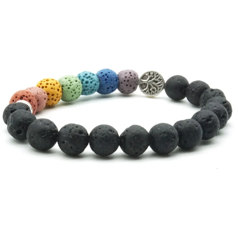 Tree of Life 8mm Colorful Seven Chakras Black Lava Stone Bracelet DIY Aromatherapy Essential Oil Diffuser Bracelet Yoga Jewelry