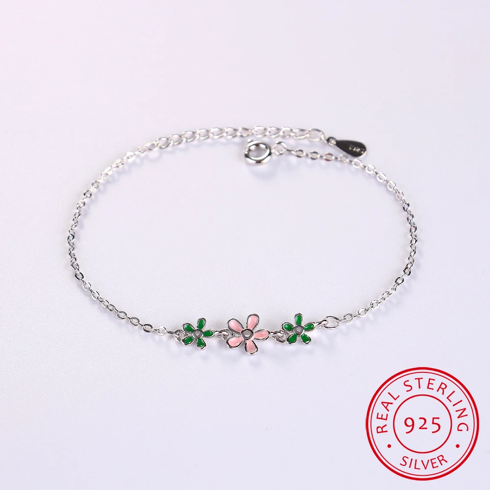 

New Fashion 925 Sterling Silver Drop Glaze Leaves Flower Daisies Bracelets For Women Pulseira Silver 925 Jewelry S-b206