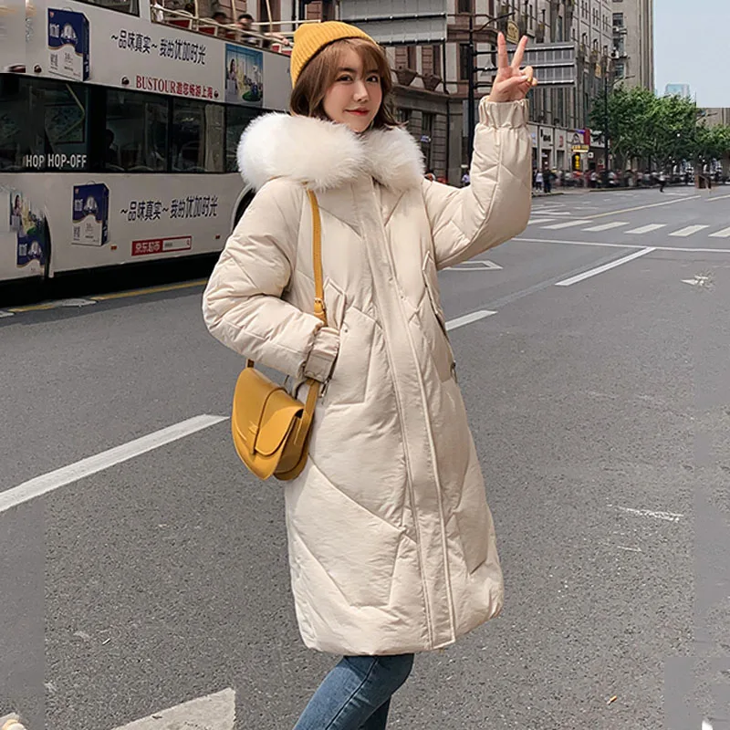 Новое поступление, зимняя куртка для женщин, корейский стиль, с капюшоном, с искусственным мехом, женское длинное пальто, теплая утепленная Дамская парка, верхняя одежда - Color: Beige