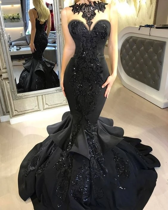Sexy Black Mermaid 2018 Prom Dress Long Sequins Ruffles Party Gowns BA7654 219_conew1