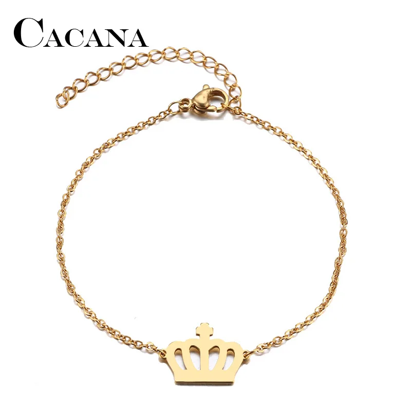 CACANA Stainless Steel Bracelet For Women Man Beautiful Crown Gold And Silver Color Pulseira Feminina Lover's Engagement Jewelry