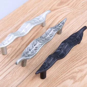 

96mm creative retro black Leaves dresser kitchen cabinet handles antique silver drawer watch tv table pull knob Champagne silver
