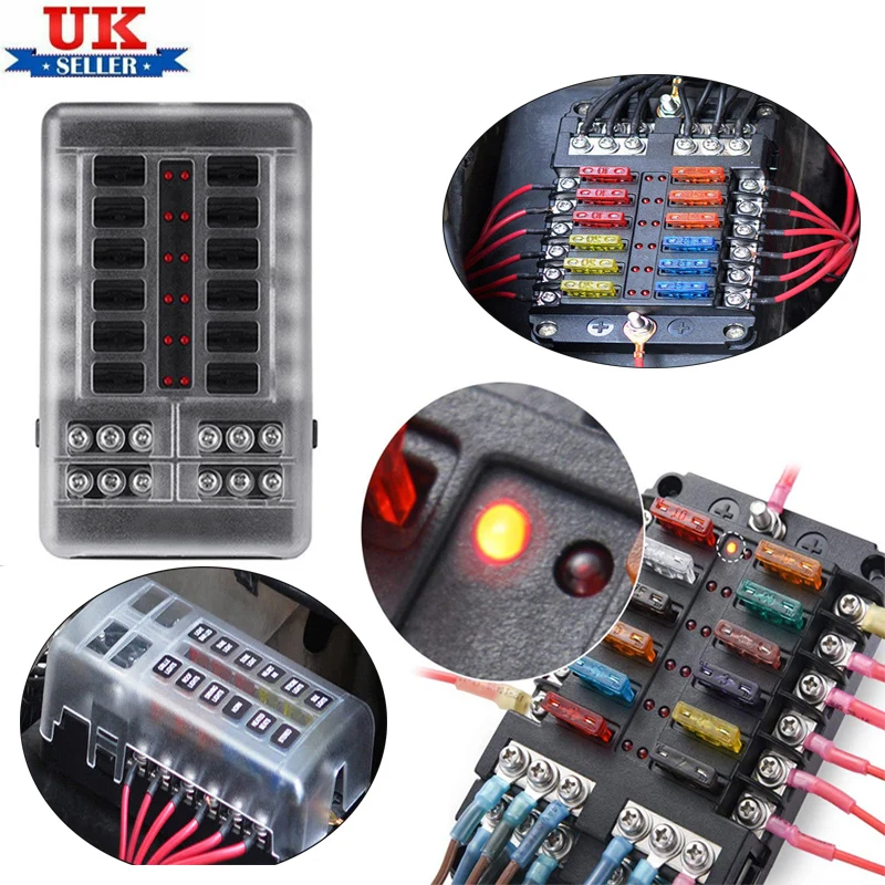

12V 32V Plastic Cover Fuse Box Holder M5 Stud With LED Indicator Light 12 Ways Blade Bus Bar Car Kit for Auto Car Boat Marine