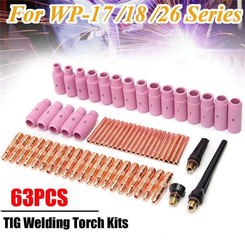 

63pcs TIG Welding Torch Gas Lens Parts Replacement Kit Copper Collet Body Nozzle For WP-17/18/26 WP Tungsten