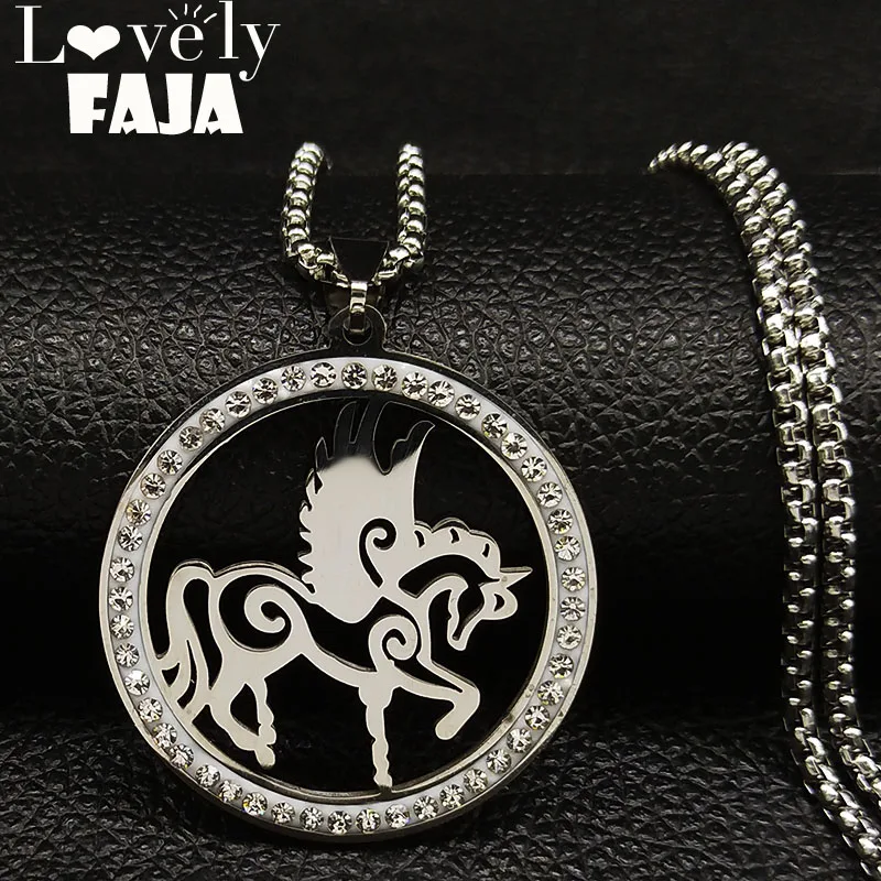 

2019 Fashion Unicorn Crystal Stainless Steel Chain Necklace Women Silver Color Pendant Necklace Jewelry collares mujer N18597