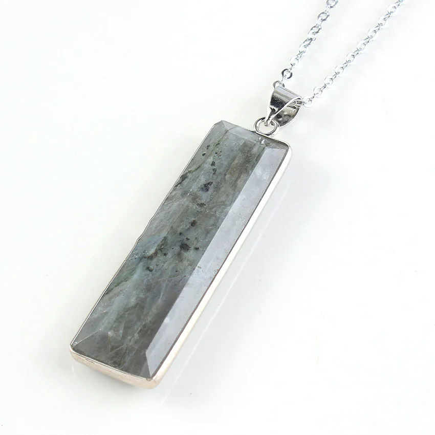 

Kraft-beads Silver Plated Rectangle Shape Labradorite Stone Section Pendant Link Chain Necklace Ethnic Jewelry