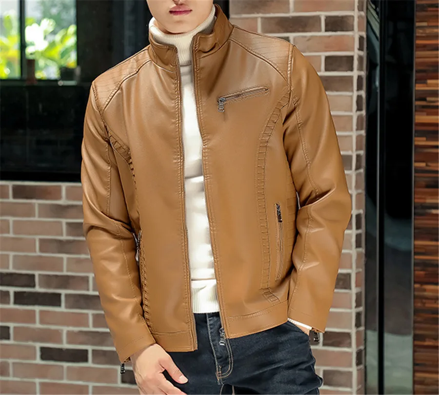 Новинка, зимние мужские мотоциклетные теплые кожаные куртки, модные брендовые мужские флисовые одноцветные кожаные куртки, пальто