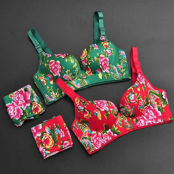 Chinese style seamless brand women bra set print Ryuho one piece