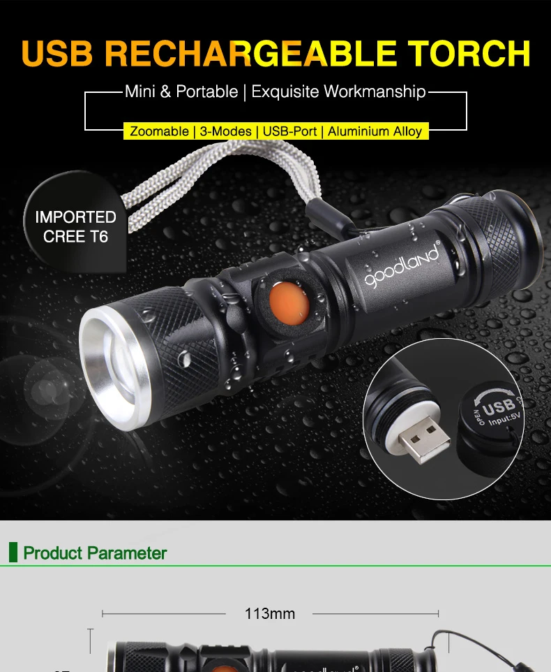 T6 Rechargeable USB S/n DEL lampe de poche torche lampe lumière Camping Ampoule Portable