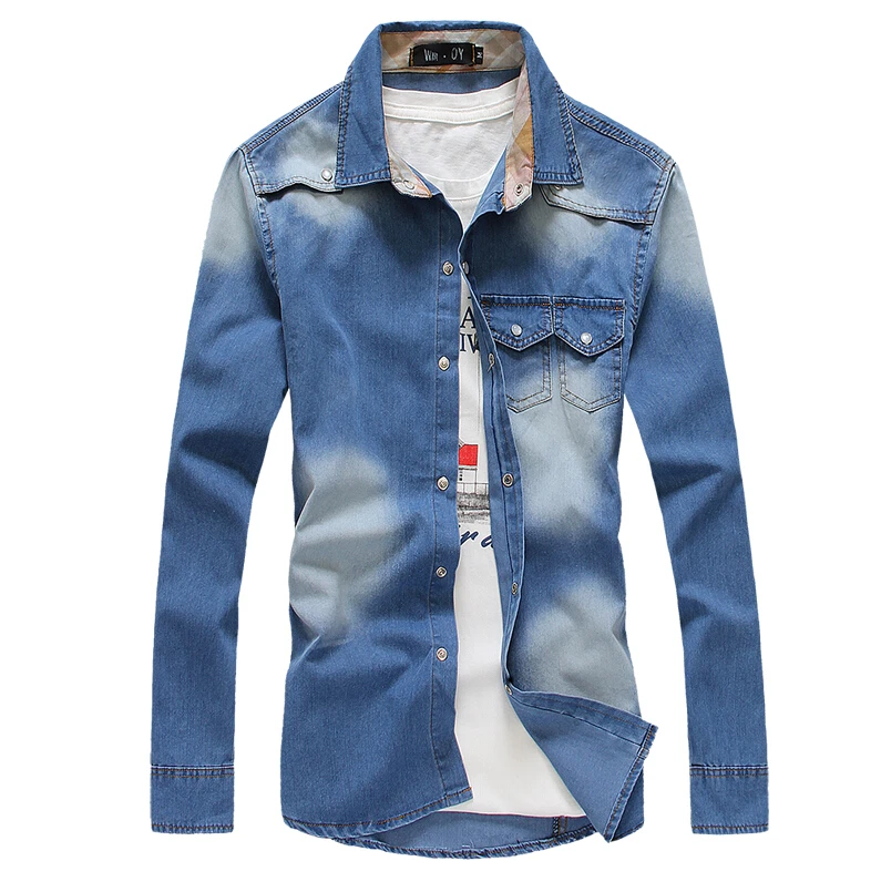 

2018 Autumn Winter New Denim Shirts Double Pocket Design Fashion Casual Slim Fit Camisa Masculina Men Shirt Long-sleeved Shirt