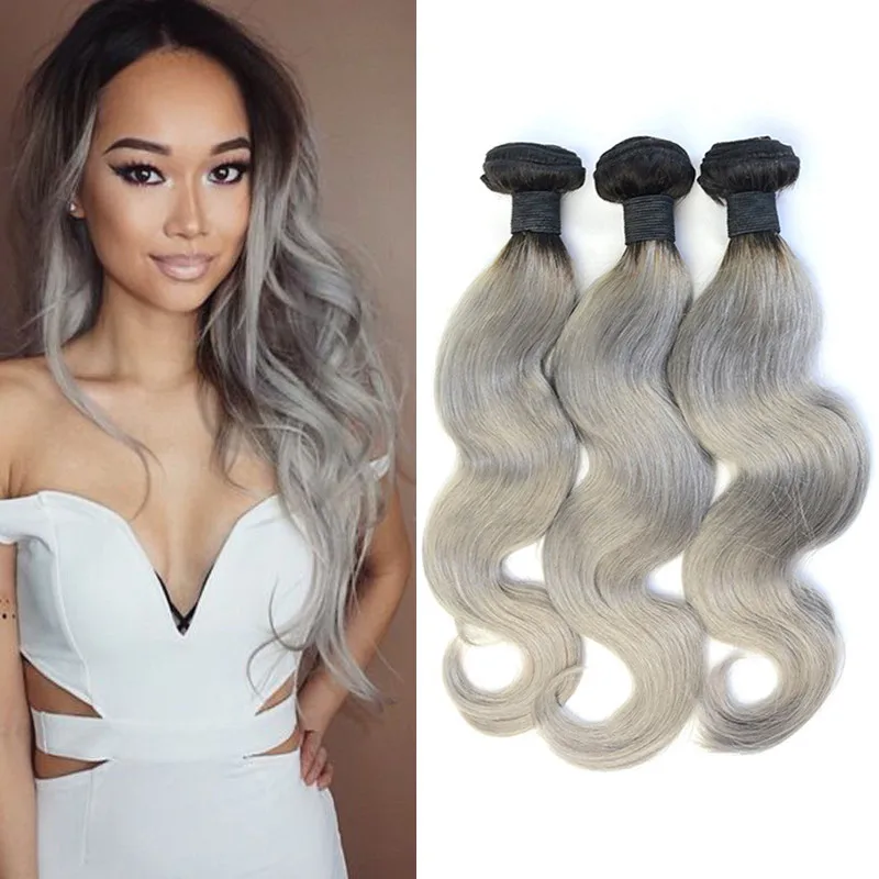 10-28 Ombre Brazilian Hair Dark Root Ombre Grey Hair 3pcslot Brazilian Silver Body Wave Hair Weaves (7)