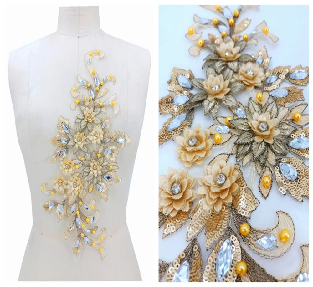 Three dimensional flower light yellow lace applique with handsewing