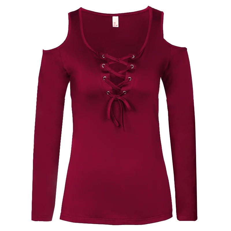 

Casual 2018 Women T-shirts Cold Shoulder tops With Lace Up Bandage Criss Cross Casual tee shirts long Sleeve Tees Tops WS9115E