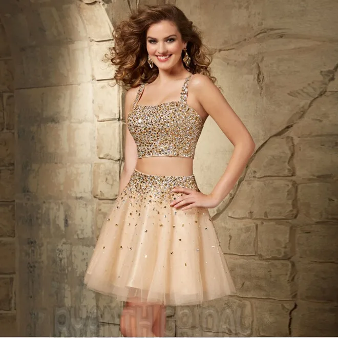 ZJ19 Sparkly Short Mini Two Piece Prom Dresses 2016 New Arrival Crystal Robe de soiree Sexy