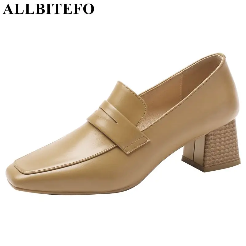 

ALLBITEFO 2019 new arrice genuine leather women heels high heel shoes square heels early spring office formal shoes girls