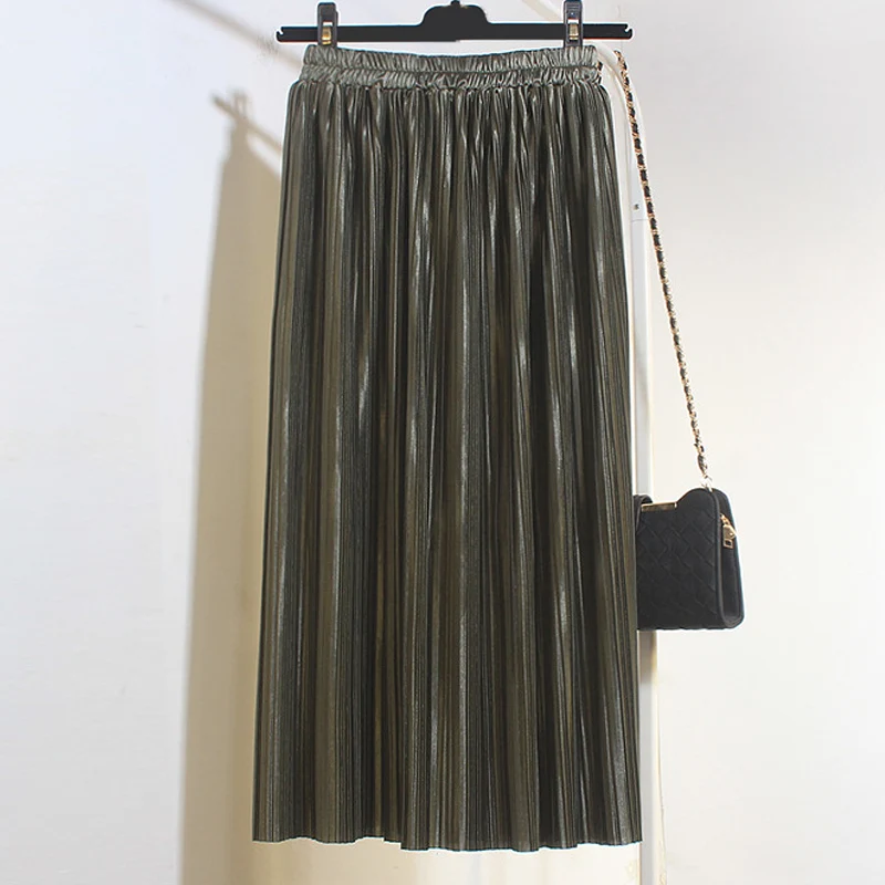Aonibeier металлическая Женская плиссированная юбка эластичные, высокая посадка Длинные юбки весна осень модные уличные вечерние повседневные макси юбки - Цвет: Army-Green