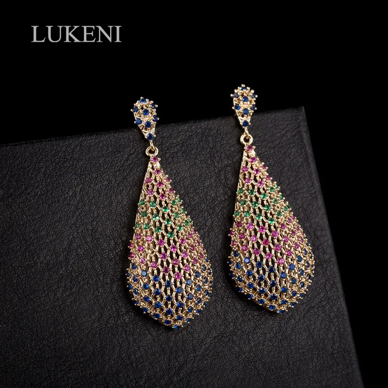 

LUKENI Luxury Jewelry Multicolor Micro Paved Cubic Zircon Geometric Dripping Net Type Big Earrings For Women Design Bridal Weddi