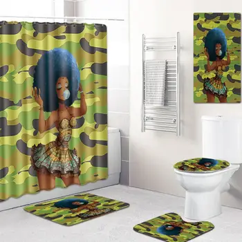 

5pcs Mats and Shower Curtain Bathroom Supplies Africa Girl Pattern Waterproof 180x180cm