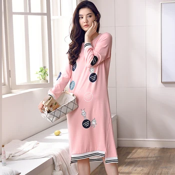 

New Arrival Spring&Autumn Women's Long Sleeve cartoon Robot Home Clothes Nightshirt women causal Sleepwear 100% Cotton Nightgown