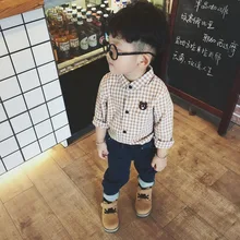 Дети Мальчики деловая рубашка в клетку Длинные рукава мягкая одежда из хлопка CHEMISE Enfant GARCON с вышитым медведем Детские рубашки