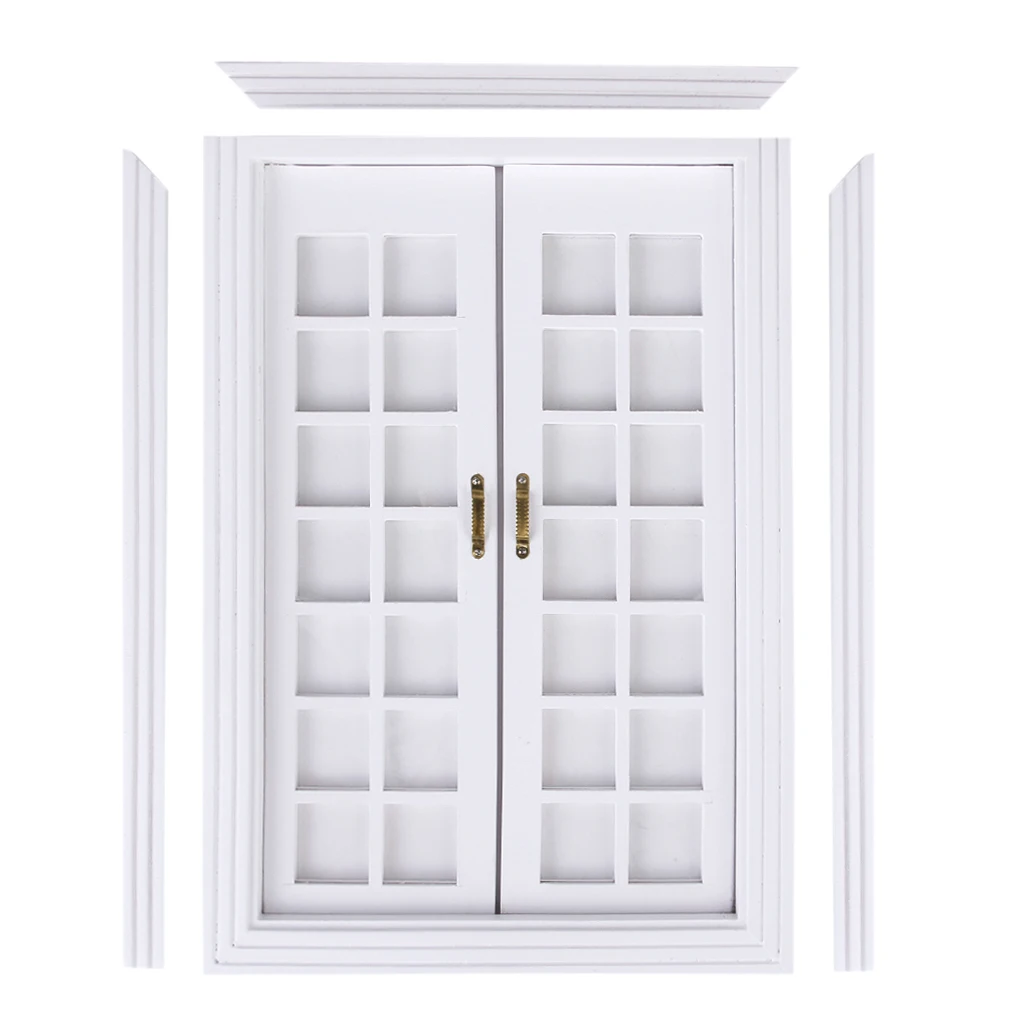 1 Set 1/12 Dollhouse Miniature Exterior Wooden French Door for Dolls House Bedroom Living Room Furniture Toy