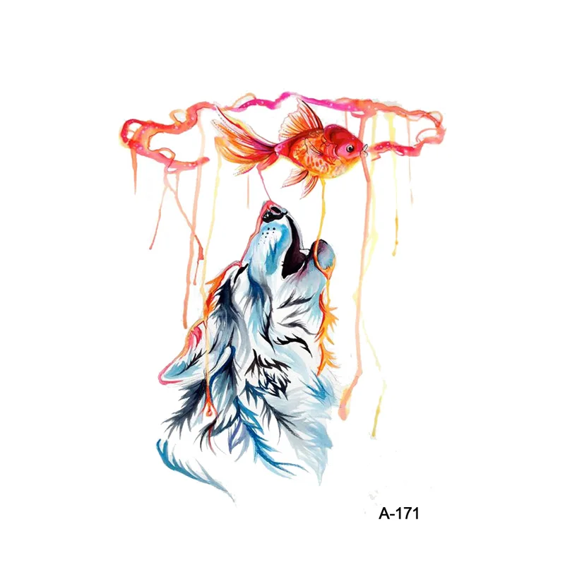 

WYUEN Mysterious Wolf Totem Fake Tattoo Sticker Temporary Watercolor Fish Women Arm Tatoo Stickers Men Body Art Tattoos A-171