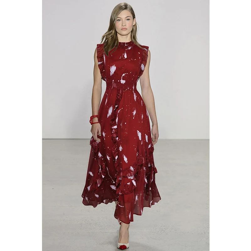 women summer dress 2018 white graffiti print burgundy  blue chiffon long dress round neck sleeveless ruffle elegant maxi dress
