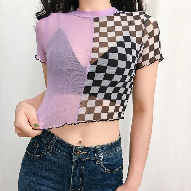 

Summer Women Sexy Mesh T-Shirts Short Sleeve Crop Tops Stringy Selvedge See-through Tees Fashion Patchwork Tops Women T-Shirts
