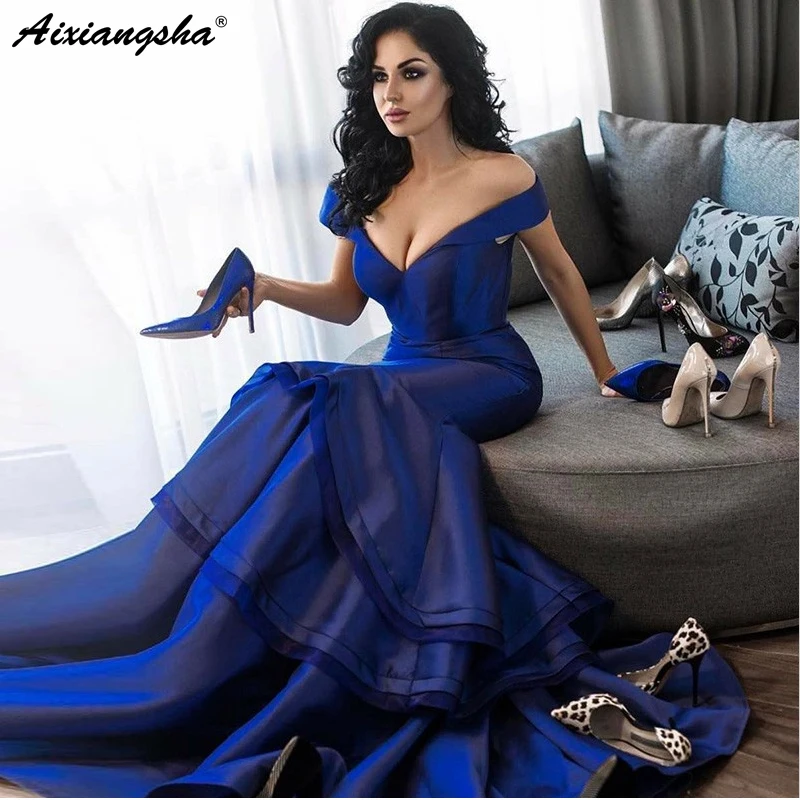 Abendkleider v-образный вырез с открытыми плечами развертки поезд из двух частей Королевский синий Prom Dress Mermaid длинное вечернее платье