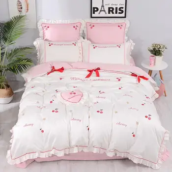 

Pink White Cherry Bedding Set Luxury Embroidery Bed Set Queen size Bed Sheet egyptian cotton Lotus leaf edge Duvet Cover Set