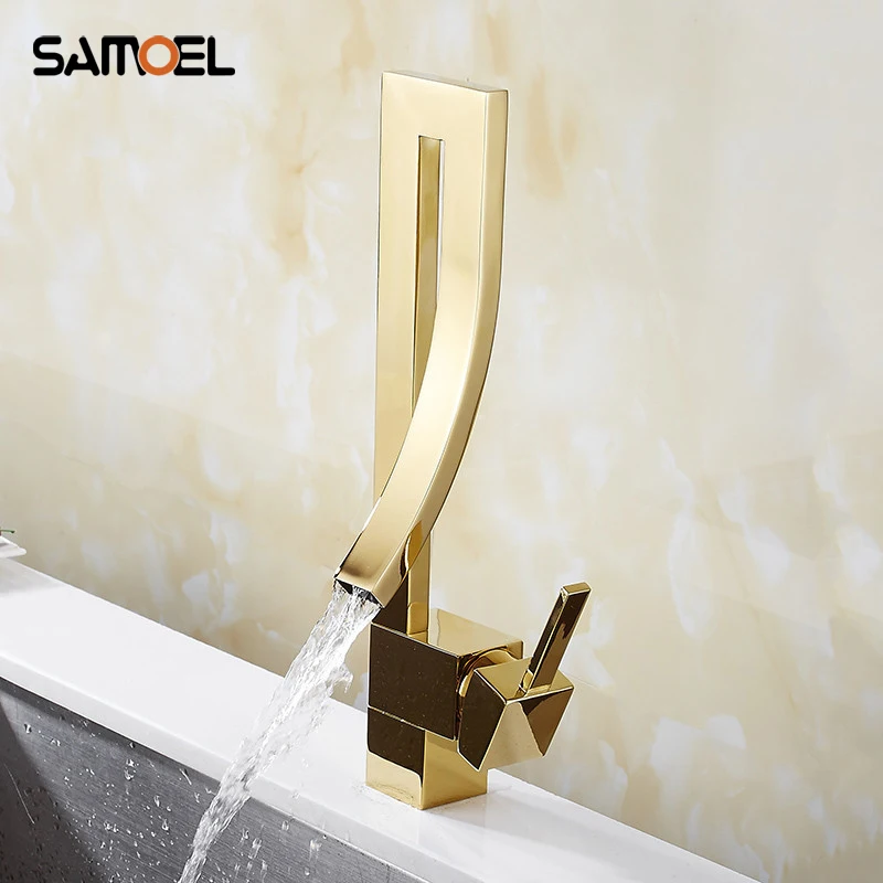 

Deck Mount Brass Gold Plated Creative Design Bathroom Sink Mixer Tap Waterfall Lavatory Golden Basin Faucet G1101