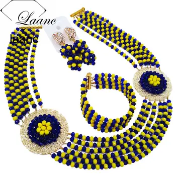 

Latest Fashion Royal Blue Yellow African Beads Jewelry Set for Women Nigerian Wedding Necklace PHDS023