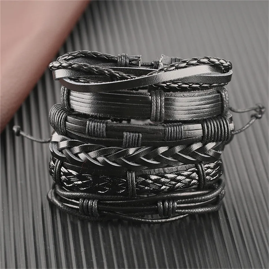 Black Brown Geometric Shape Rope Chain Mens Bracelet Set Punk Genuine Leather Bracelet Charms Gifts For Men (16)