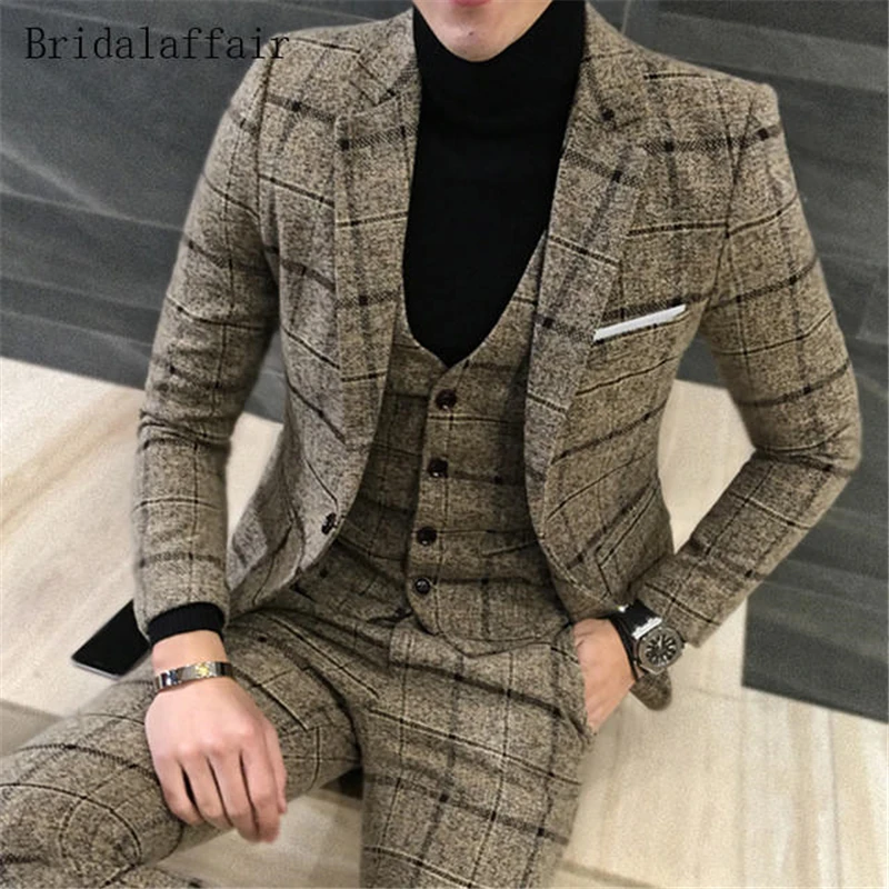 Мужской костюм Bridalaffair 2018 приталенный твидовый серый клетчатый мужской