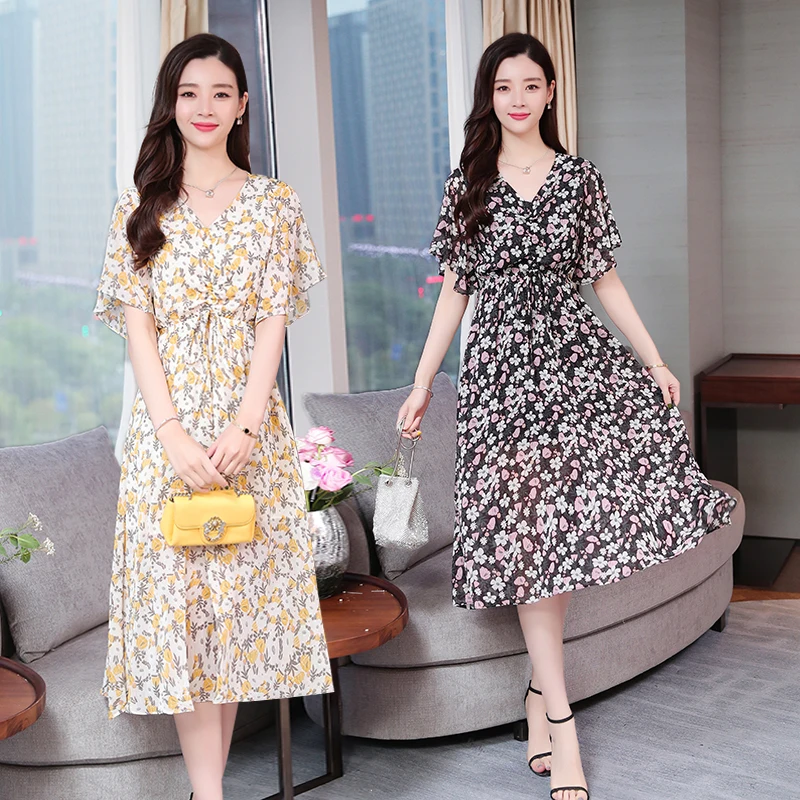 

Summer Floral Print Midi Chiffon Dress Women Yellow Elegant Office Lady Beach Dress Vacation Vintage Casual Korean Runway Dress