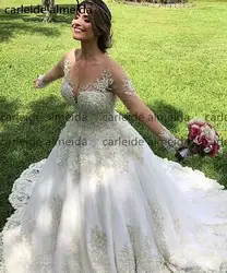 Vestido de Noiva с длинными рукавами свадебное платье 2018 кружево аппликации Gelinlik Часовня поезд невесты