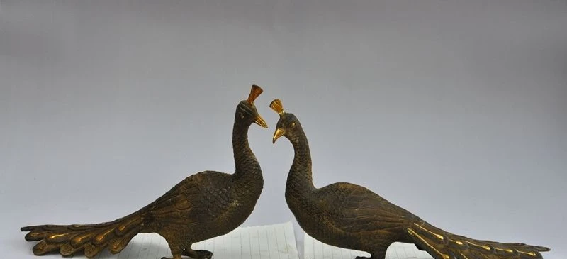 

12"chinese fengshui bronze gilt Beautiful animal Peacock bird statue Couple pair