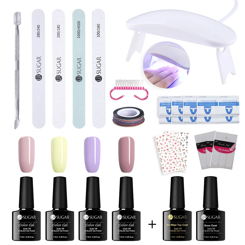 UR SUGAR Full Manicure Nail Set 6W UV LED Lamp with 7.5ml Semi Permanant Color UV Gel Polish Top Base Coat Nail Art Tools Kit