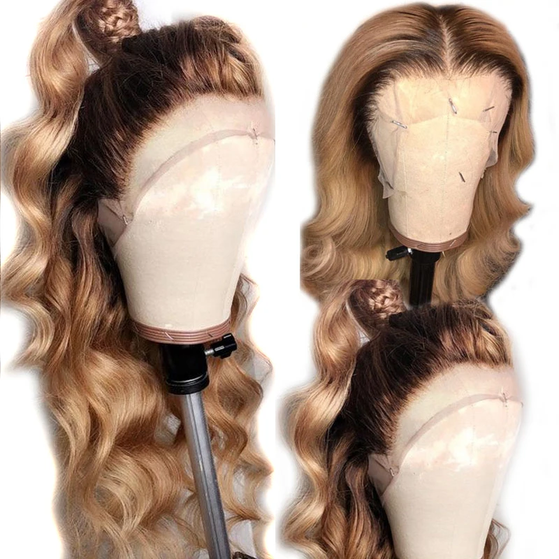 

Wavy Light Brown 4/27 Ombre Honey Blonde Lace Front Human Hair Wigs Pre Plucked Remy Brazilian 360 Lace Frontal Closure Wig