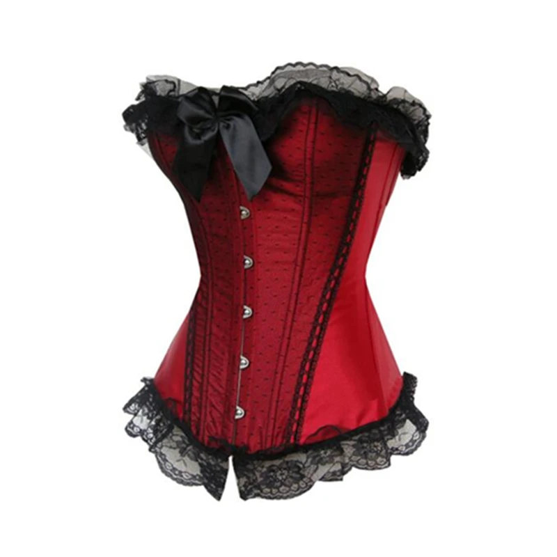 Red Satin Corset Small Dots Lace Front Lace Ruffles Bustier S XXLin