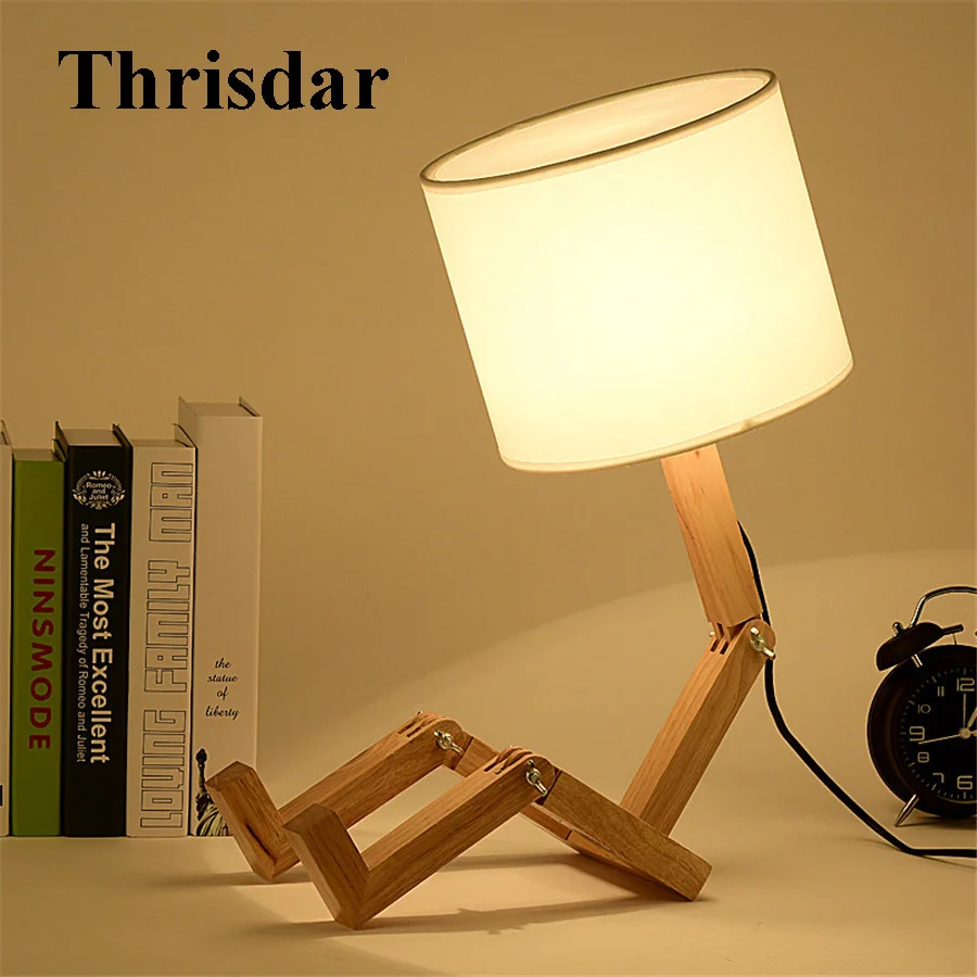 

Thrisdar LED Logs Creative Robot Small Table Lamp Solid Wood Decoration Adjustable Study Room Bedroom Living Room Wood Art