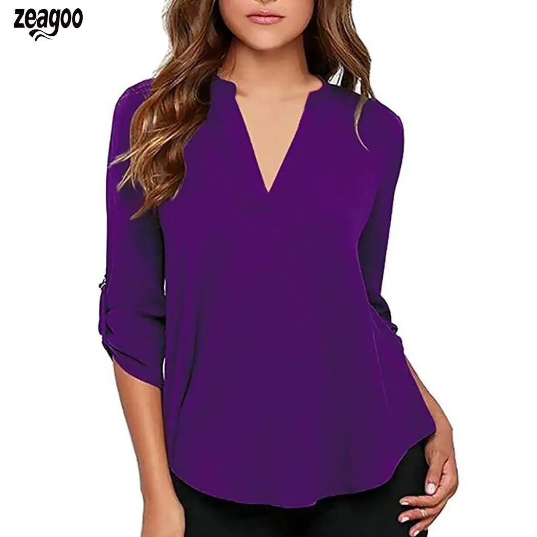 

Woman Casual Shirt Solid Color V-neck Long-sleeved Chiffon Shirt
